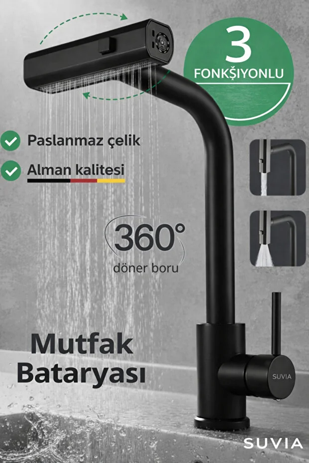 Mutfak Bataryası 3 Fonksiyonlu 360 Döner Uzatmalı Musluk Paslanmaz Çelik Çekmeli Duş Başlıklı Siyah
