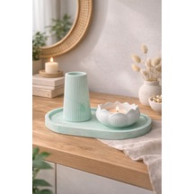 Buççin Online Mağaza Minimal Vazo Ve Lotus Mumluk 3lü Set Premium Dekoratif Biblo Taş Tozu Yeşil