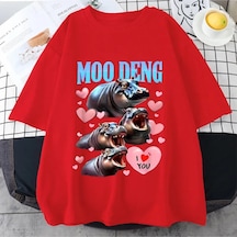 Flood Of Style Komik I Love Moo Deng Sevimli Bebek Hippo Sevgilisi Meme T Shirt Erkek Kadın Moda Gotik Rahat Kırmızı
