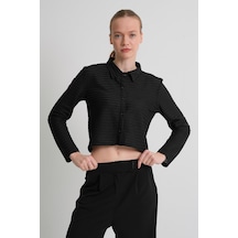 Alexandergardı Desenli Uzun Kollu Dokulu Crop Gömlek Siyah