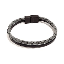 Gri Siyah Karışımlı İnce Hakiki Deri Erkek Bileklik Mıknatıslı Metal Tokalı Minimal Tasarım Antrasit