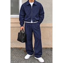 Erkek Oversize Çift Fermuarlı Ceket Ve Baggy Pantolon Alt Üst Takım Lacivert Lacivert