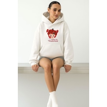 Benroma 3 İplik Penye Alice İn Wonderland Baskılı Ünisex Kapüşonlu Sweat Beyaz