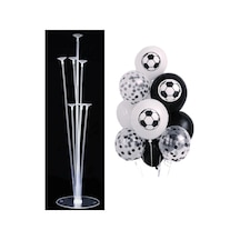 7'li Balon Standı Ve 10 Adet Futbol Temalı Siyah-beyaz-şeffaf Konfetili Balon Set Beyaz - Siyah