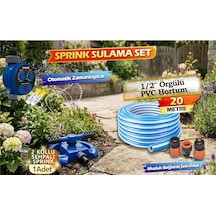 Otomatik Zamanlayıcılı Bahçe Sulama Seti 20m Örgülü Pvc Hortum, Dönerli Çift Sprinkler, Bahçe Çim Ve Hobi