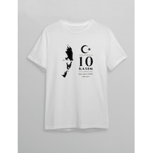 10 Kasım Atatürk Anma Günü Silüet Baskılı Oversize Bisiklet Yaka T-shirt - Beyaz