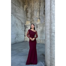DefyModa Kadın Asimetrik Yaka Taş Detaylı Maxi Abiye Elbise Bordo