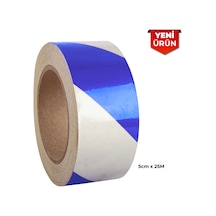 Reflektif Fosforlu Çapraz Şerit Bant, Çift Renk Reflekte İkaz Bandı 5cm X 25m - Beyaz Mavi 6002