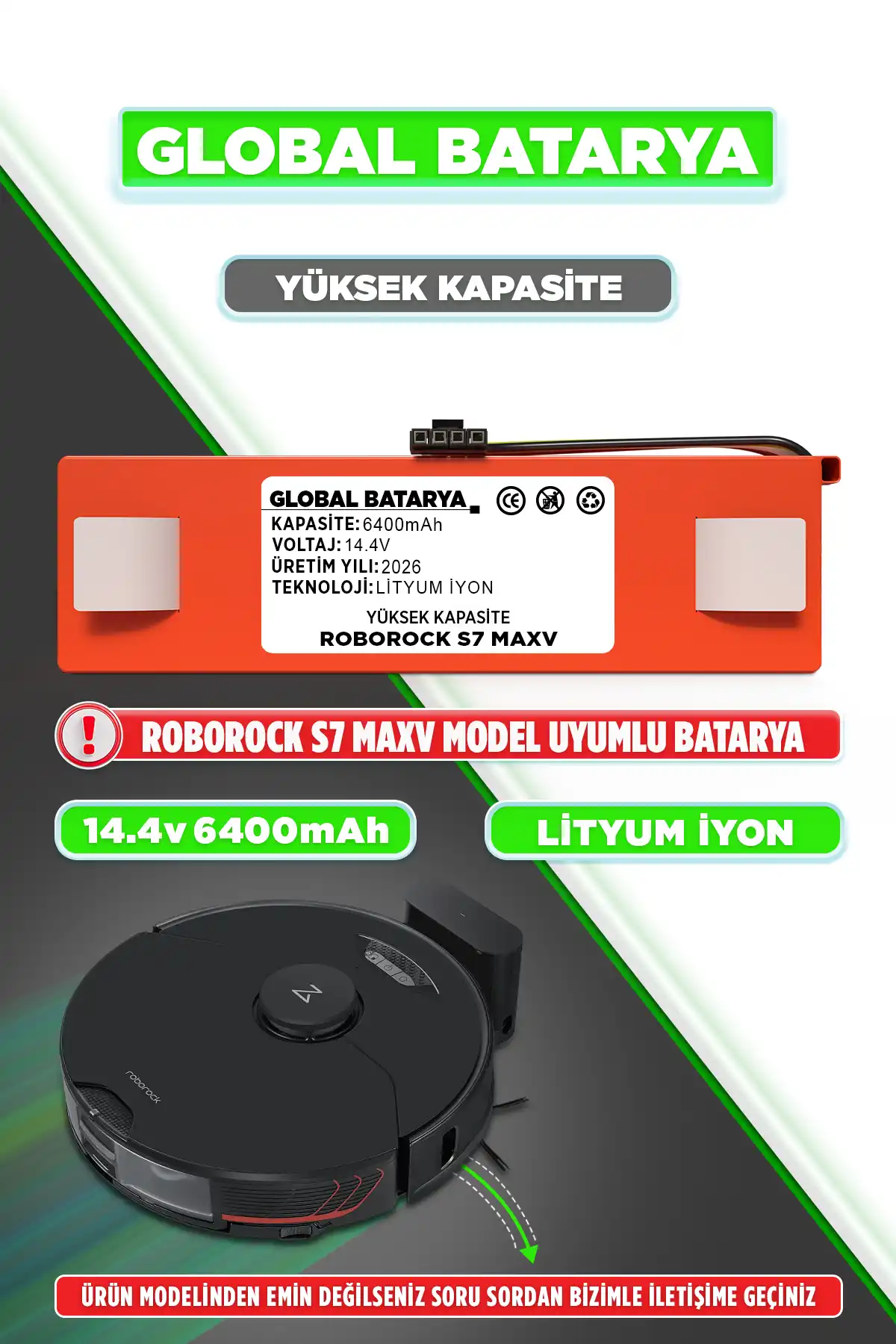 Roborock S7 Maxv Uyumlu Akıllı Robot Süpürge Bataryası 14.4v 6400mah Li-ion Pil Yüksek Kapasite