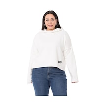 Büyük Beden Kapüşonlu Düşük Kollu Pis Dikişli Üç İplik Beyaz Sweatshirt-beyaz Beyaz