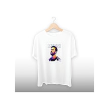 Messi Çizimi Detaylı Unisex Tişört Beyaz