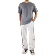 Denim Beyaz - Gri Şeritli Paça Cep Detaylı Wide Leg Pantolon Beyaz