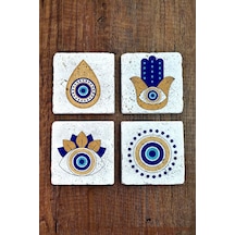Doğal Taş Bardak Altlığı 4'lü Set 10x10x1 Cm Nazar Boncuğu Desenli - Evileye Stone Coasters 356 Çok Renkli