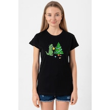 Dinosaur Christmas Tree Siyah Kadın Tshirt SIYAH