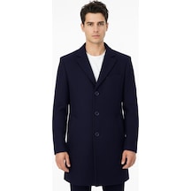 Süvari Slim Fit Sivri Yaka Erkek Koyun Yünlü Kaban Lacivert
