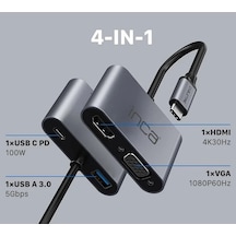 Inca Itpc-06t Type-c Hub X4 Hdmı 4k 30 Hz+ Vga+ Usb 3.0+pd 100w Alumınyum Kasa Çoklayıcı