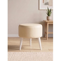Modern Krem Deri Puf Tabure Ahşap Beyaz Ayaklı Yuvarlak Puf 40x42 Cm