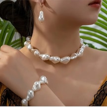 Şık Zarif Elegant Barok Inci Set Kolye Bileklik Küpe Beyaz