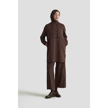 Armine Trend Kapüşonlu Yandan Cepli Kolları Lastikli Fitilli Tunik Kahverengi 25kt462 Kahverengi