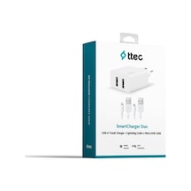 Ttec 2SCS21DB Ttec Smartcharger Duo 2.4A Seyahat Sarj Aleti Cift Usb+ Lightning ve Micro USB Kablo Beyaz