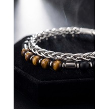 Kaplan Gözü Ve Mat Oniks-hematit Çelik Zincirli Erkek Premium Bileklik 01831 Çok Renkli