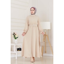 Kolu Volanlı Kemerli Henna Elbise-bej-5057 Bej