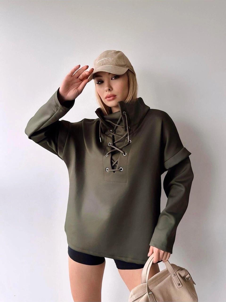 Kadın Tasarım Bağcıklı Yaka Super Şık Trend Scuba Sweatshirt Haki