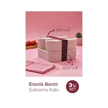 Vienev 3'lü Elastik Bantlı İstiflenebilir Pratik Saklama Kabı Seti 2x 1100 Ml 1x 2600 Ml Pembe
