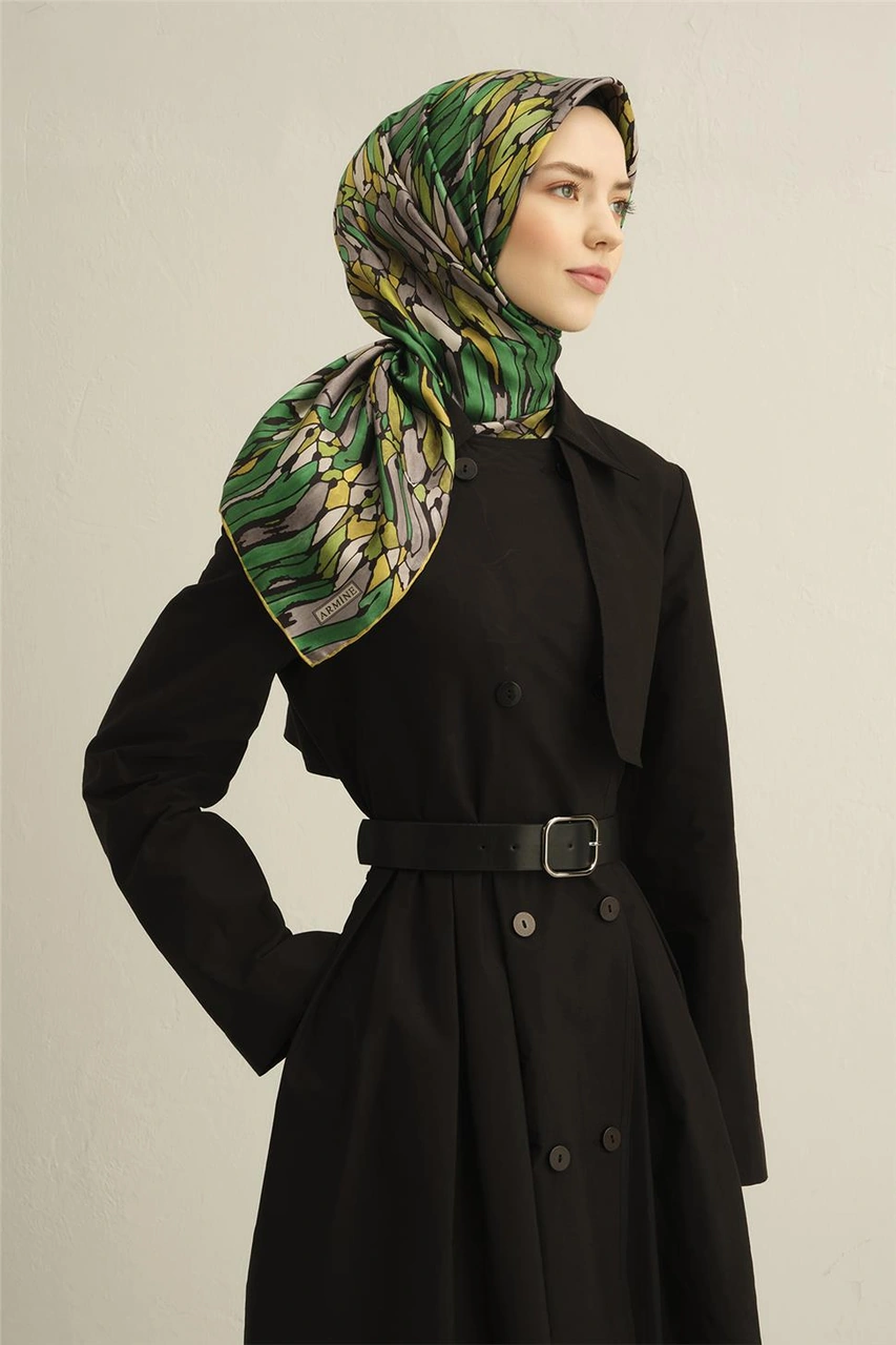 Armine Soyut Desenli Saf İpek Twill Eşarp 9335d 84 Yeşil