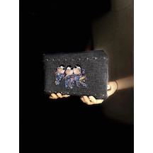 Bellıs Nakışlı Keten Portföy Clutch Çanta V1 Siyah