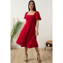 Kalopya Volanlı Kol Kare Yaka Elbise 932-2959- Kırmızı