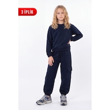 Panios Kids 3 İplik Kız Çocuk Düz Kısa Bel Sweatshirt Bisiklet Yaka Eşofman Takımı Lacivert