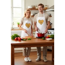 Erkek Unisex Mutfak Aşçı Önlüğü Pizza Kalp Baskılı Rahat Kesim Gü Beyaz