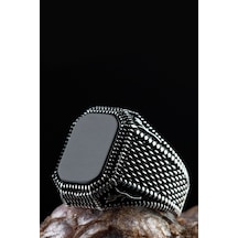 Erkek Siyah Oniks Taşlı Kare Model Sade Tasarım 925 Ayar Gümüş Yüzük Şık Motifli Desenli