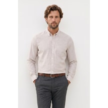 Tudors Erkek Slim Fit Dar Kesim %100 Pamuk Düğmeli Yaka Çizgili Uzun Kollu Cepli Keten Efektli Bej Gömlek-51189