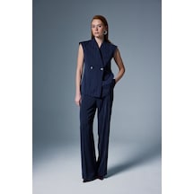 Sateen Anna Çizgili Pantolon - Lacivert-137094 Lacivert