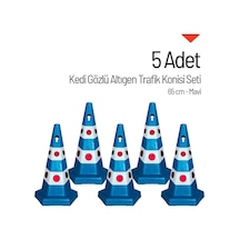 5 Adet Kedi Gözlü Mavi Altıgen Trafik Konisi 65 Cm Trafik Dubası Seti-3537