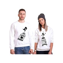 Tshirthane Aşık Kuşlar Sevgili Kombinleri Unisex Sweatshirt Kırık Beyaz