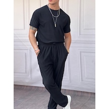 Modefendi İnce Fitil Desenli Oversize Kalıp Tshirt'lü Alt Üst Takım Siyah