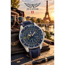 Aircobra Gmt V.1.37.0.304.4 Takvimli Lacivert Deri Kordon 42,8 Mm Erkek Kol Saati 10 Atm Mavi - 928966434 Metalik