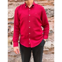 Slim Fit Uzun Kol Müslin Pamuk Rahat Nefes Alabilen Kumaştan Yaka Düğmeli Hediye Kutulu Erkek Gömlek Fs-004202 - Bordo-3369