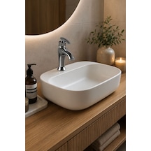 Lena E-2101 Tezgah Üstü Porselen Lavabo Dikdörtgen Beyaz Tezgah Üstü Lavabo
