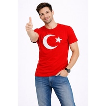 Barlashive Erkek T-shirt Kısa Kol Bisiklet Yaka Ay Yıldız Bayrak Baskılı Tişört - Kırmızı Çok Renkli