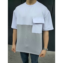 Unisex Torba Cep Detaylı Parçalı T-shirt - Gri Gri