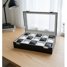 Premium 15 Yuvalı Tamamen Deri Kaplama Cam Kapaklı Şık Tasarım Saat Saklama Kutusu Ebat 34x24x8 Cm Siyah - Beyaz