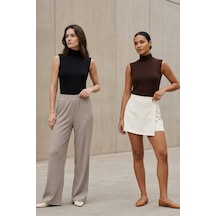 Ivoire Wear Kadın 2'li Balıkçı Yaka Sıfır Kol Viskon Body Set Siyah Kahverengi