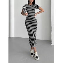 Kadın Çizgili Yırtmaçlı Esnek Uzun Örme Elbise Siyah