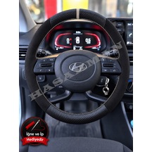 Hyundai İ20 Dikme Direksiyon Kılıfı Alcantara Süet Mat Karbon Gri Yüzük Ve Dikiş 2020-2026 Siyah
