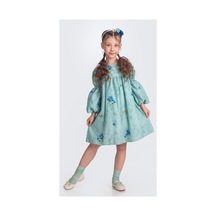 Mnk Baby & Kids Otantik Akdeniz Çiçek Nakışkız Çocuk Müslin Elbise M00706 Yeşil