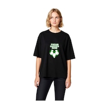 Paybuy Kadın Oversize Futbol Annesi Baskılı Kısa Kollu Tişört Kalp Motif Siyah